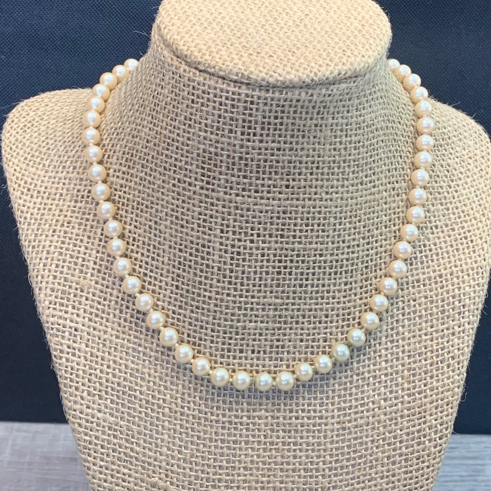 Vintage Japan Hand Knotted Faux Pearl Necklace Gold Tone Filigree Clasp 16 Inch